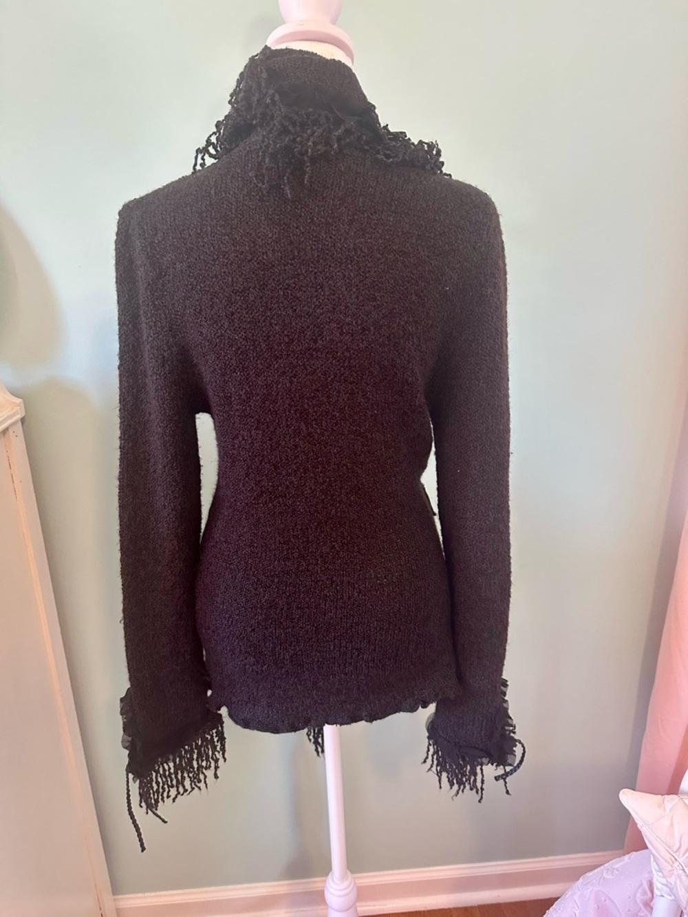 Women's Black Fringe Knit Cardigan with Belt - Picture 3 of 4